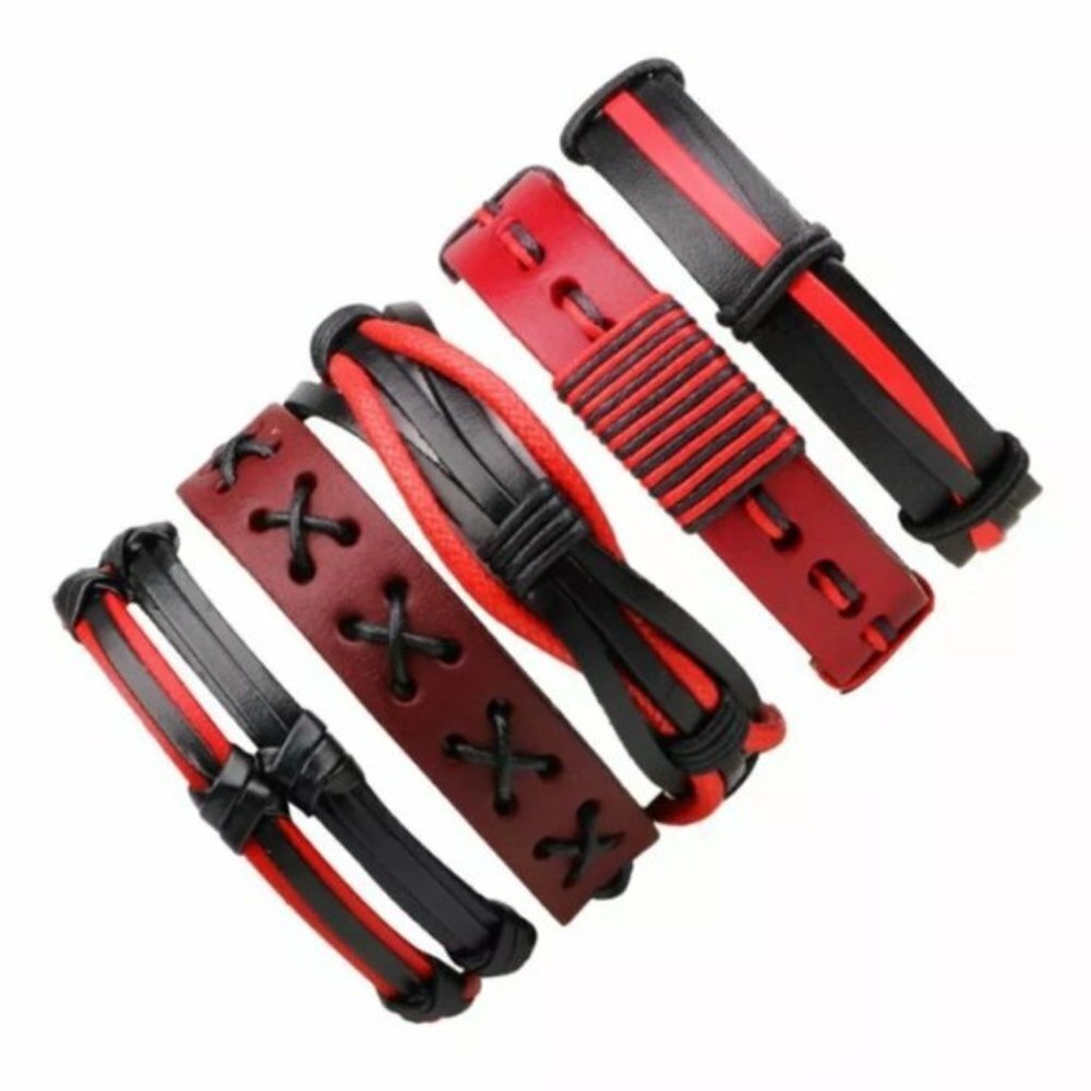 Mens Leather Red & Black Braided Bracelet Set
